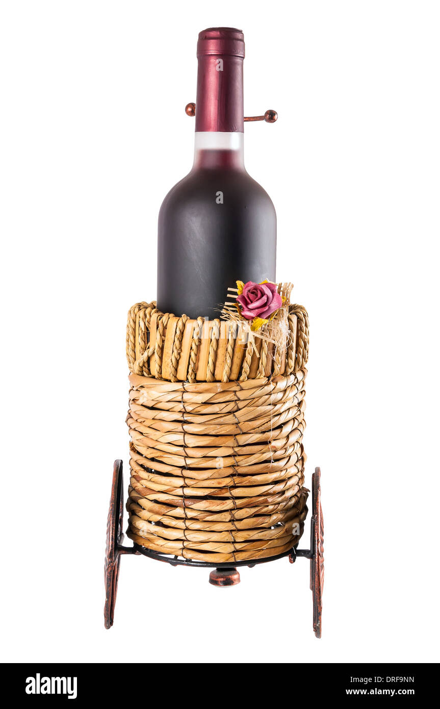 Bottle of red wine in wheeled basket isolated on white background with