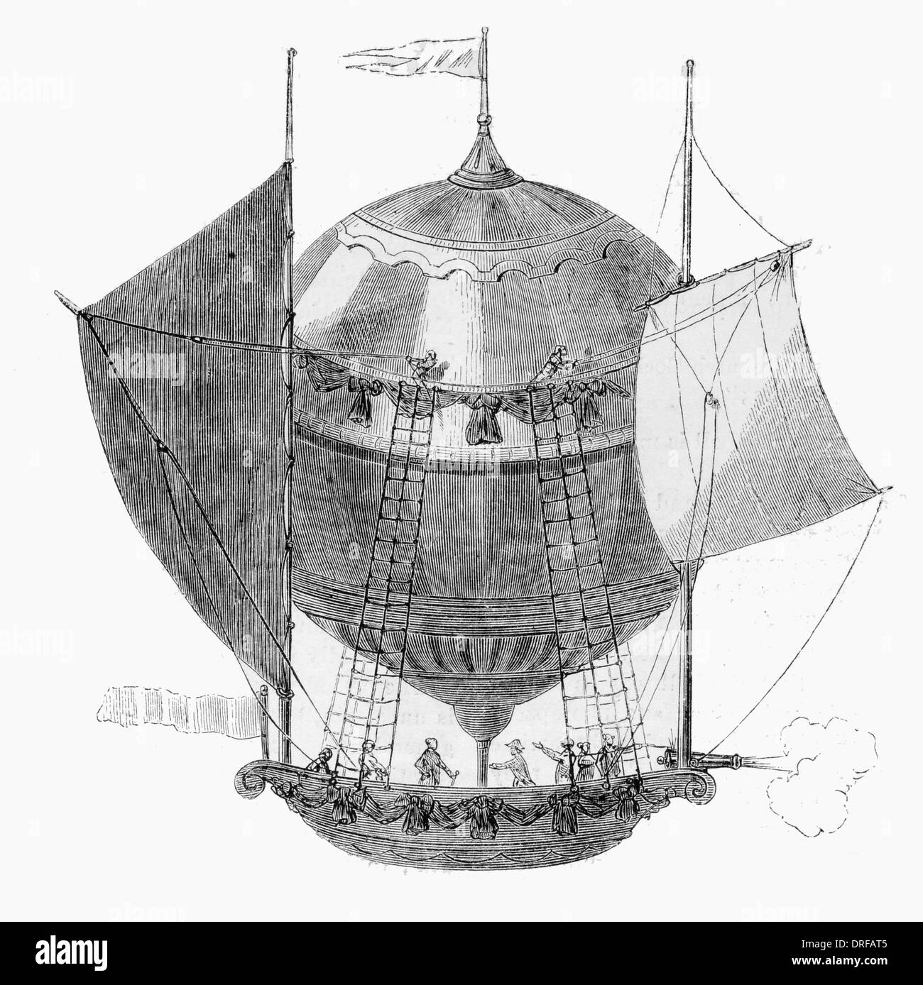 Aerostatic Machine based on a lighter than air gas filled balloon with sails and boat slung underneath circa 1700 Stock Photo