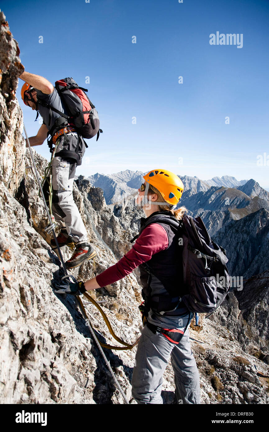 Two alpinists rock climbing, Innsbruck route, Tyrol, Austria Stock Photo