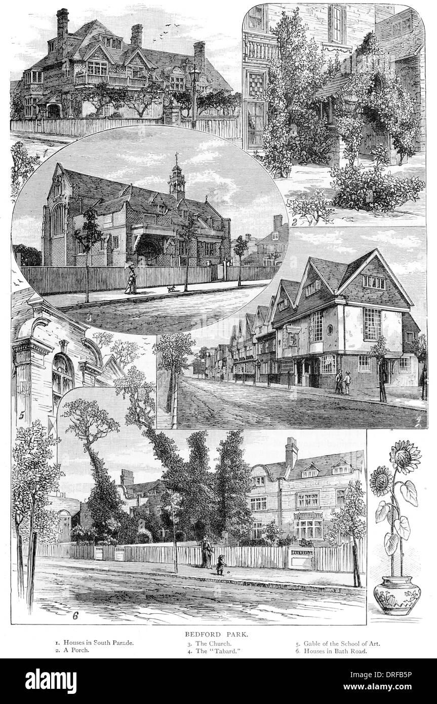 Bedford Park. South Parade. Porch. Church. Tabard. Gable of Art School. Bath Road. Circa 1880 Stock Photo