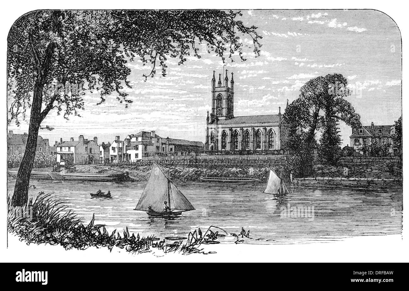 Hampton church from the river Thames in the London Borough of Richmond upon Thames Circa 1880 Stock Photo