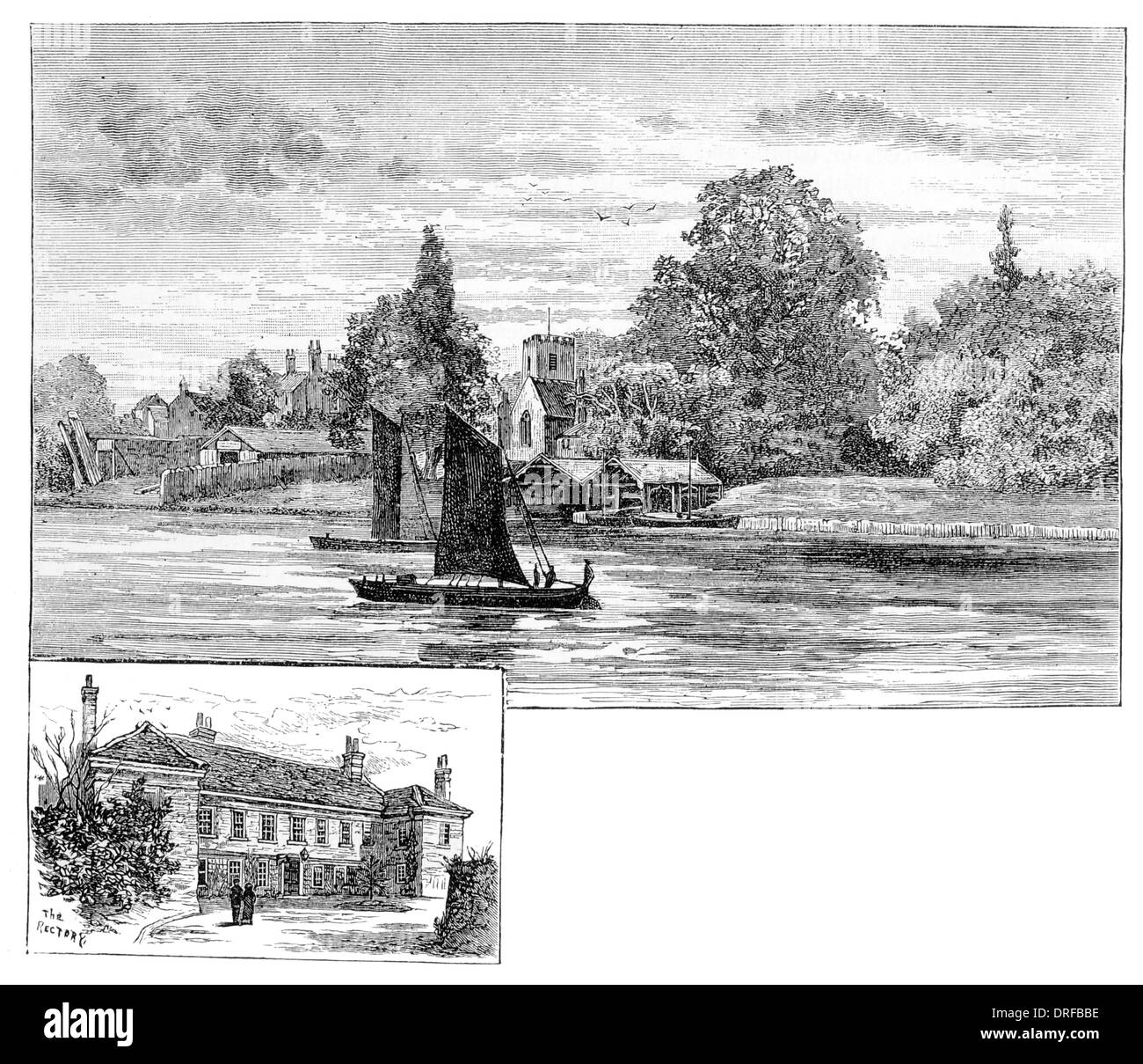 Shepperton, from the river Thames with St Nicholas Church and Shepperton    Rectory, Spelthorne, Middlesex Surrey circa 1880 Stock Photo