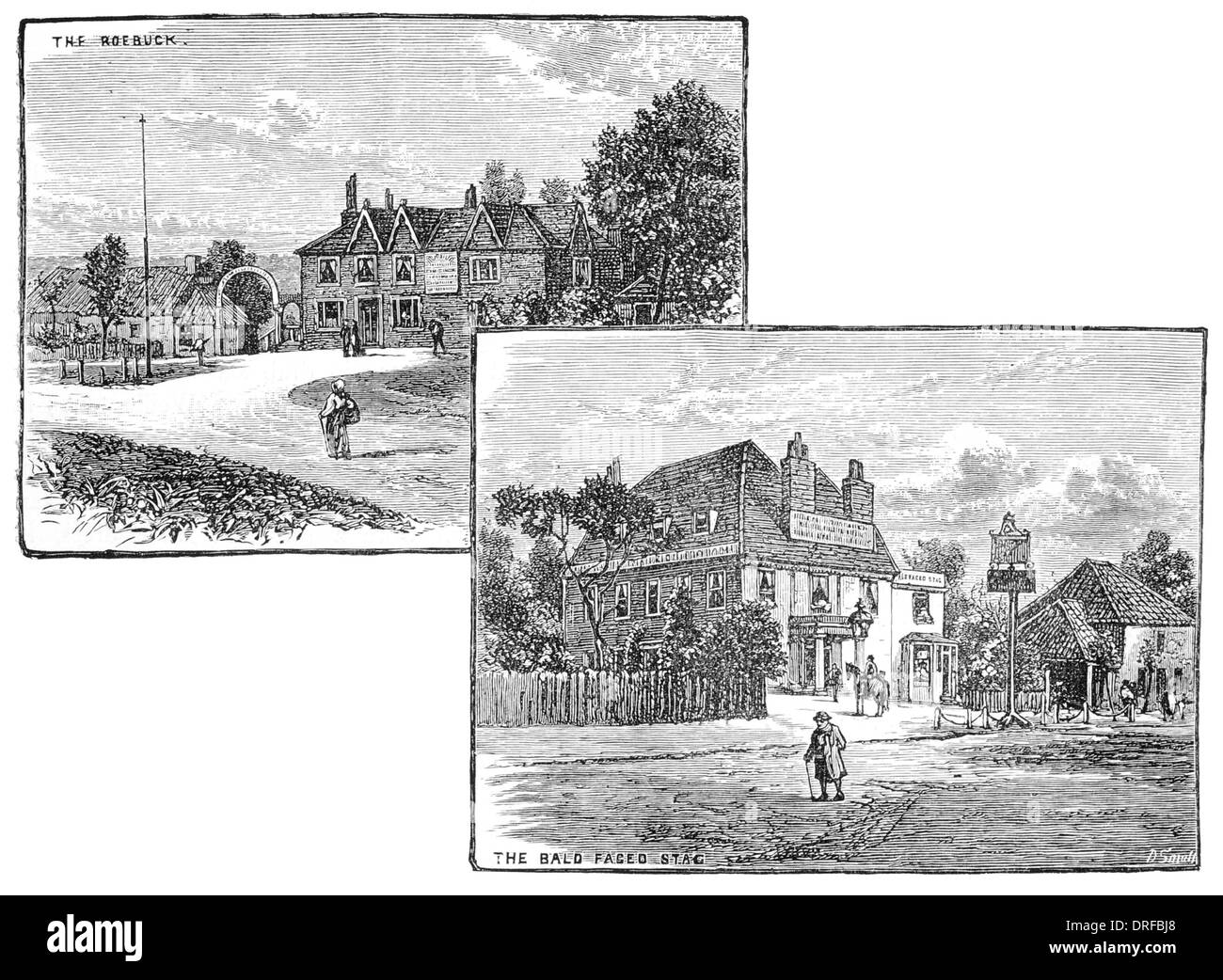 Top. The Roebuck. Bottom The Bald Faced Stag Theydon Bois village,  Epping Forest County of Essex circa 1880 Stock Photo
