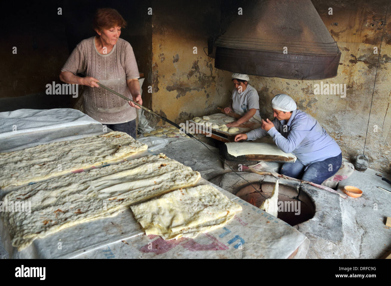 Traditional Armenian bread (Lavash) making in Goris bakery, Armenia