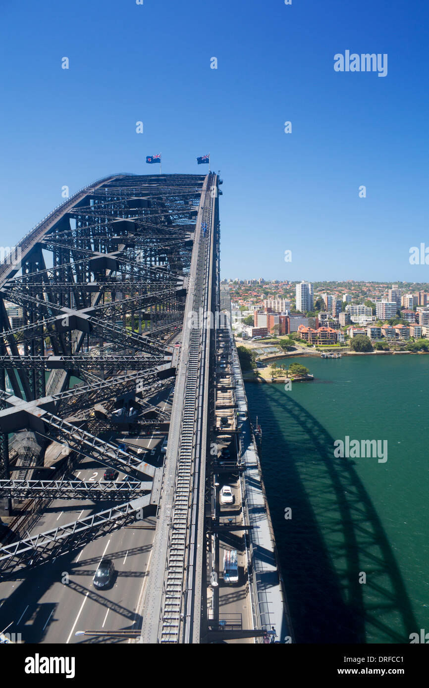 Sydney Harbour Bridge from Pylon Lookout with Bridgeclimb climbers and view over North Sydney Sydney New South Wales Australia Stock Photo