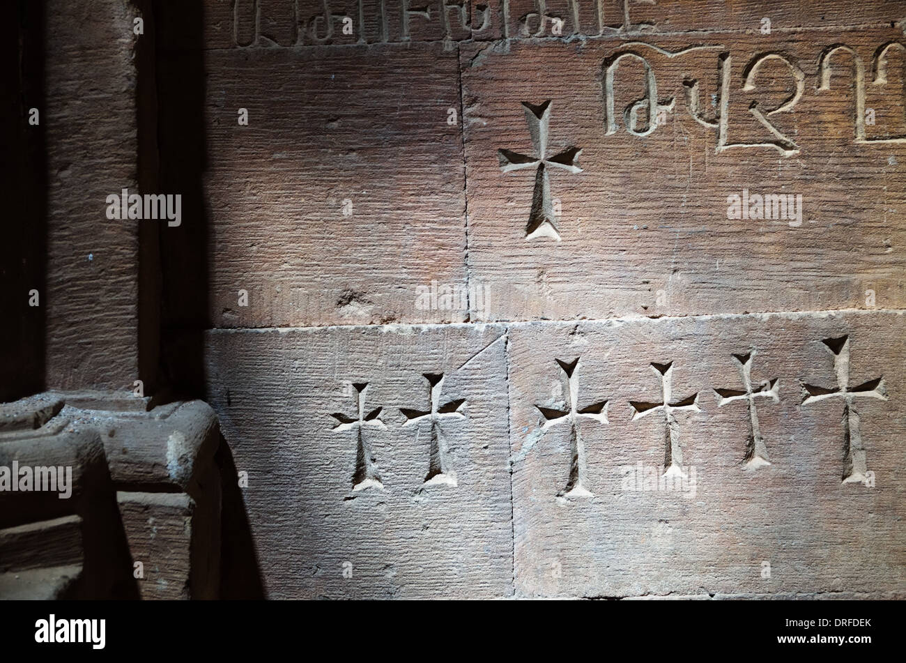 Khachkars, Armenian cross-stones, in the Surb Karapet Church, Noravank Monastery, Armenia Stock Photo