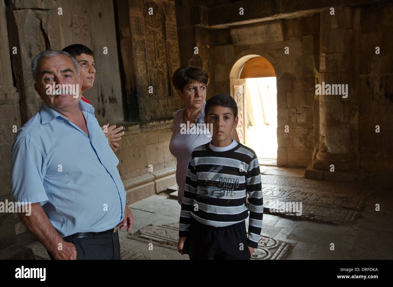 Family visit to Noravank Monastery, Armenia Stock Photo