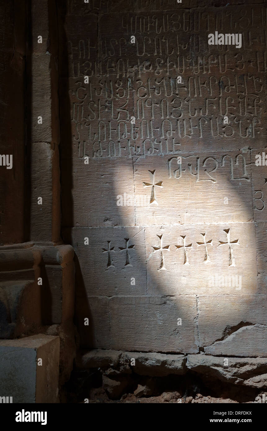 Khachkars, Armenian cross-stones, in the Surb Karapet Church, Noravank Monastery, Armenia Stock Photo