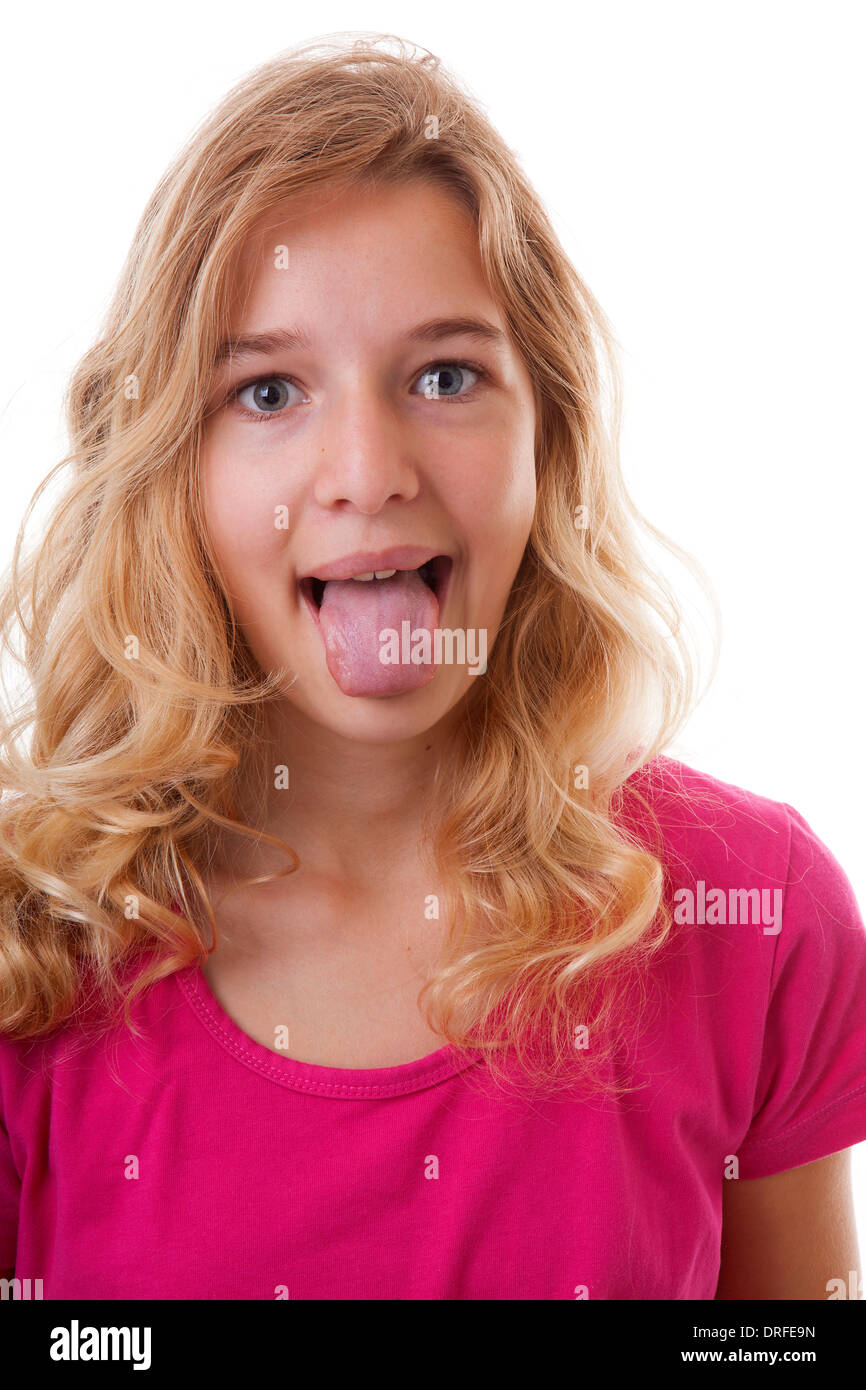 girl makes funny face in closeup over white background Stock Photo Alamy