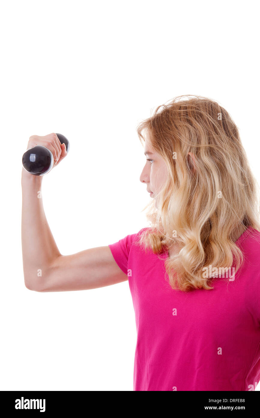 Girl is sporting with dumbbells over white background Stock Photo Alamy