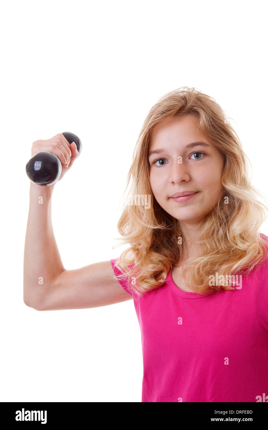 Girl is sporting with dumbbells over white background Stock Photo Alamy