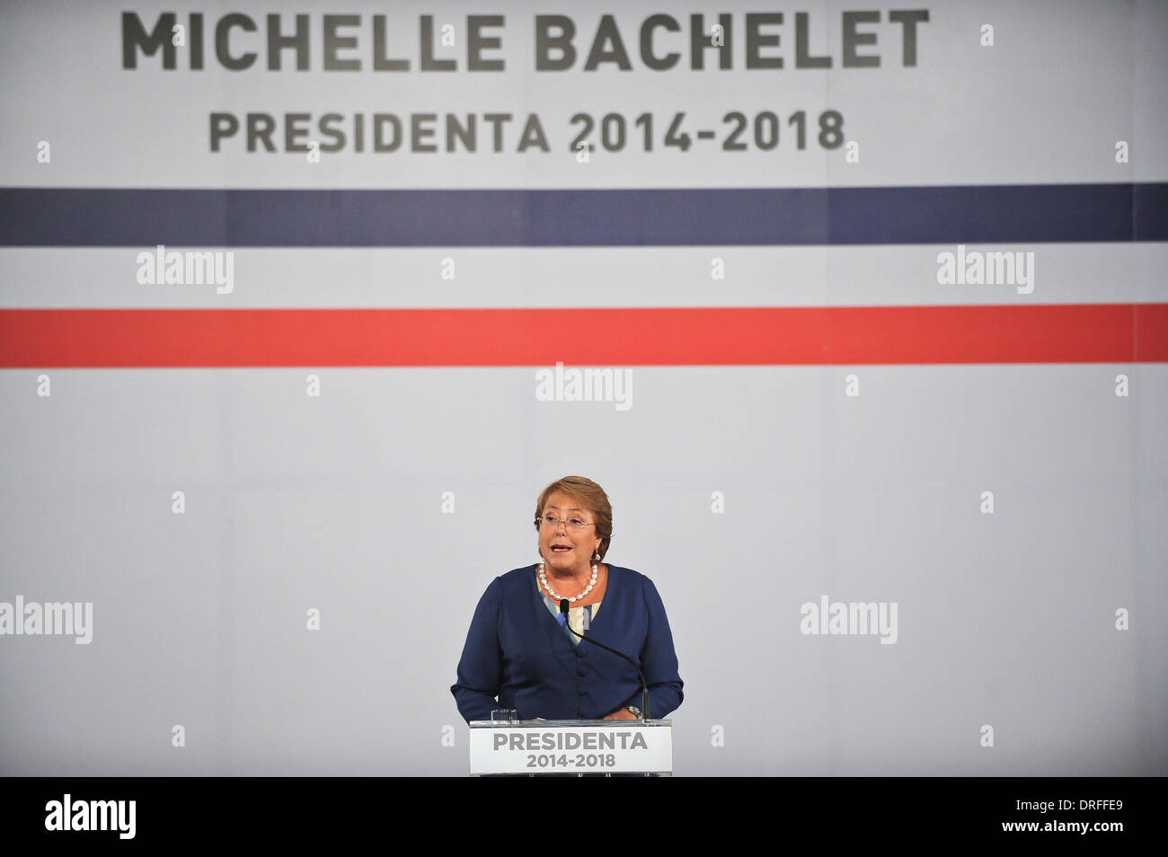 Santiago, Chile. 24th Jan, 2014. Chile's President-elect Michelle Bachelet delivers a speech before the presentation of the members of her future cabinet in Santiago, capital of Chile, on Jan. 24, 2014. Credit:  Jorge Villegas/Xinhua/Alamy Live News Stock Photo
