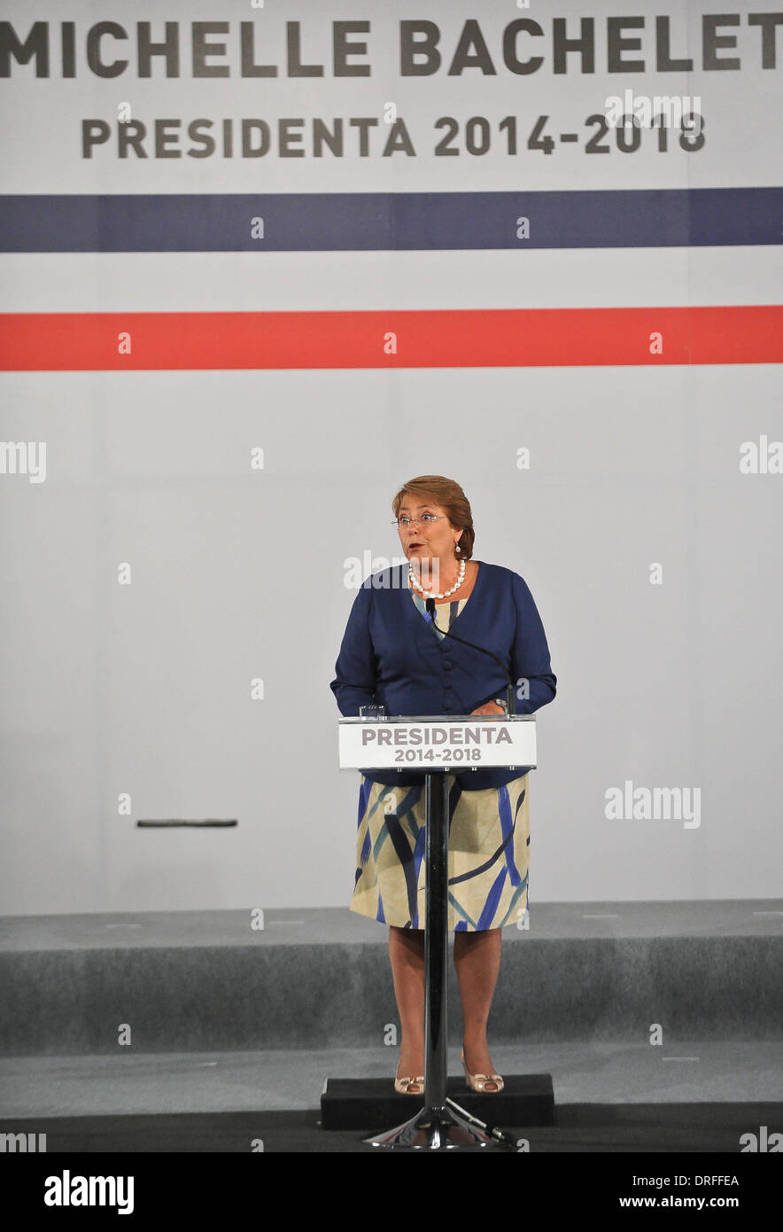 Santiago, Chile. 24th Jan, 2014. Chile's President-elect Michelle Bachelet delivers a speech before the presentation of the members of her future cabinet in Santiago, capital of Chile, on Jan. 24, 2014. Credit:  Jorge Villegas/Xinhua/Alamy Live News Stock Photo