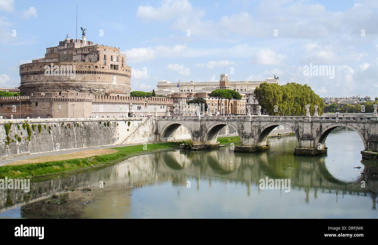 castel Sant Angelo and the bridge Ponte Sant Angelo. River Fiume Tiber in Rom near Vatican City. Stock Photo