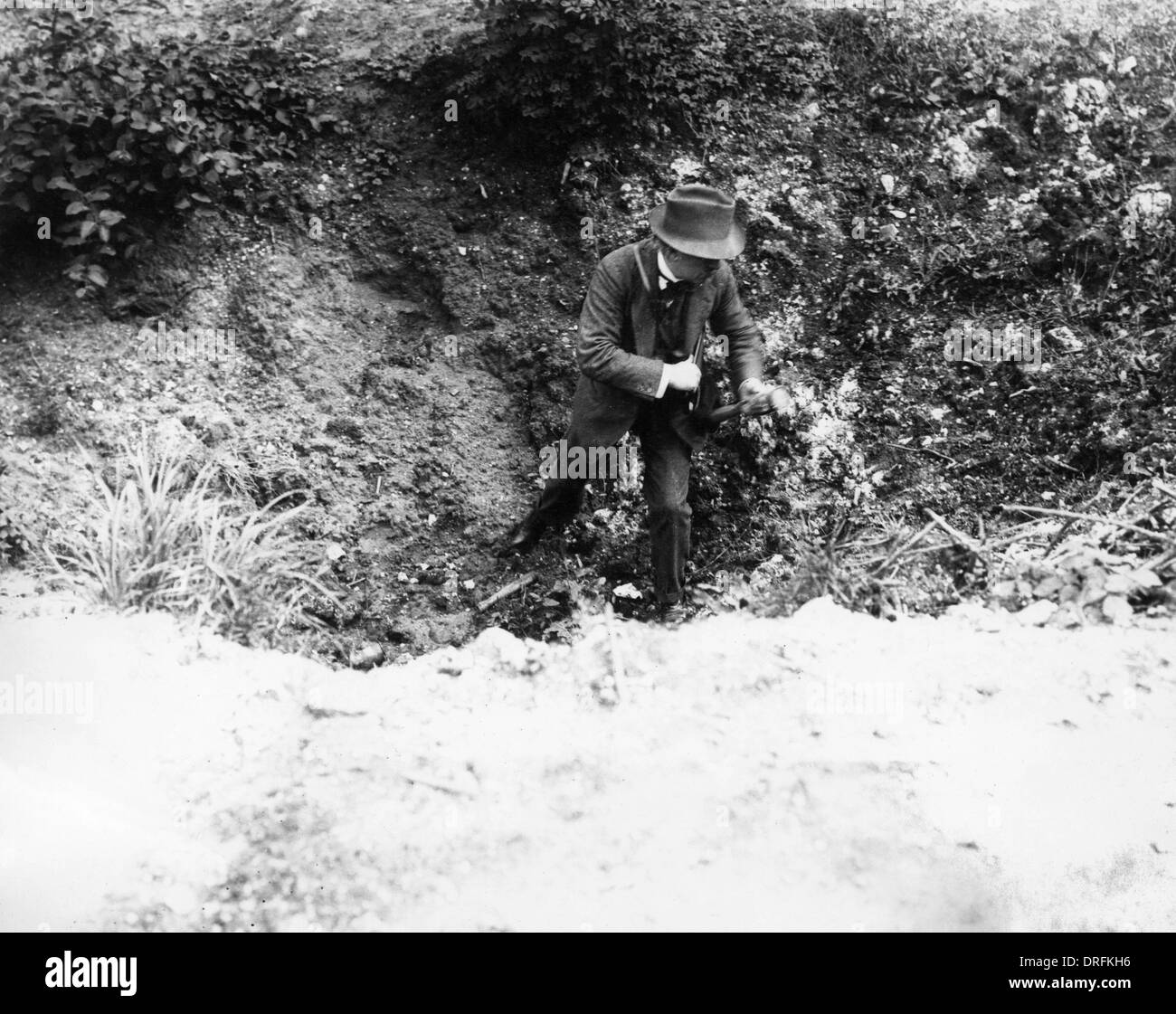 Lloyd George in shell hole, Fricourt, France, WW1 Stock Photo