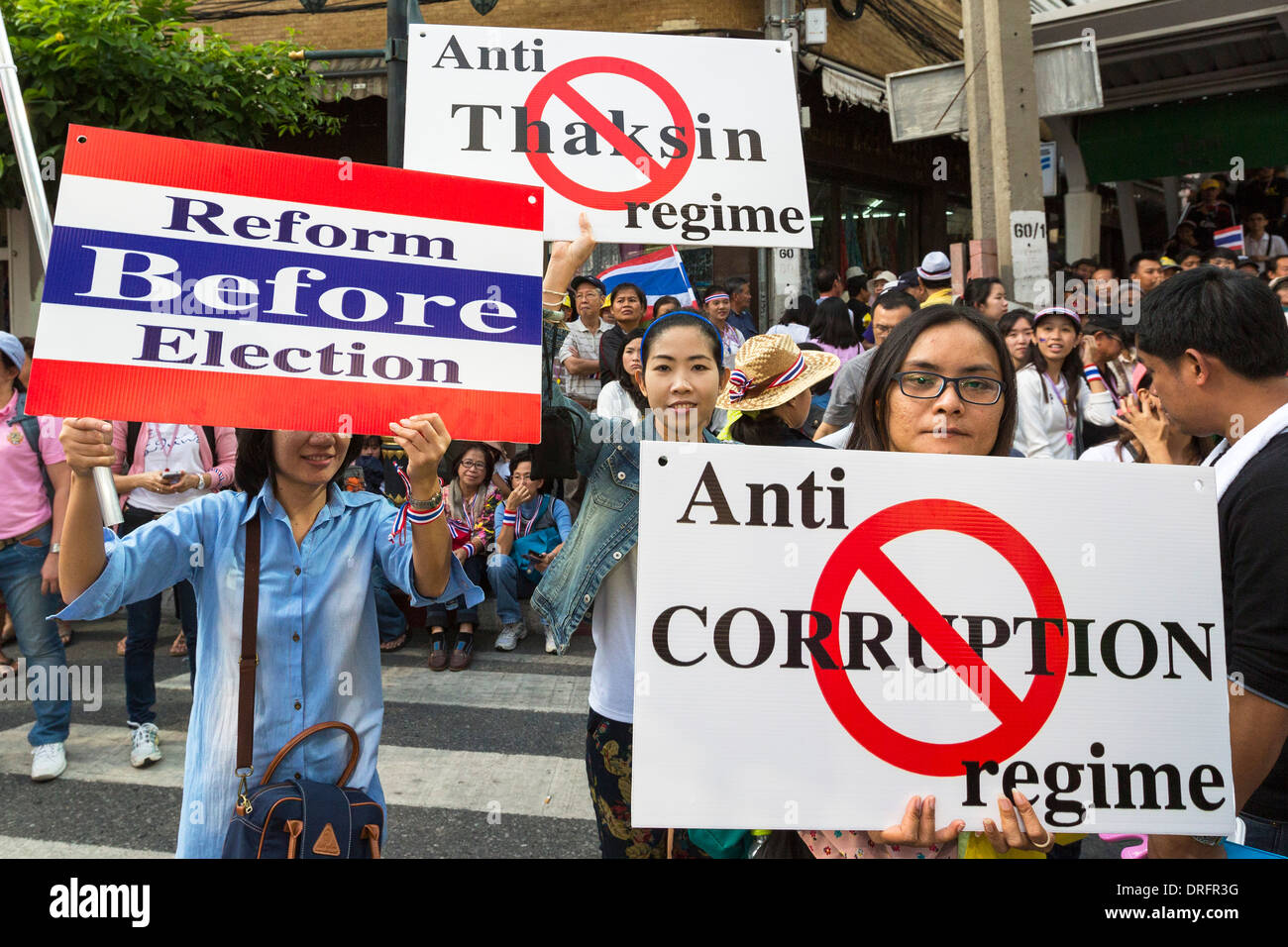 Placards at a political demonstration, Bangkok, Thailand Stock Photo