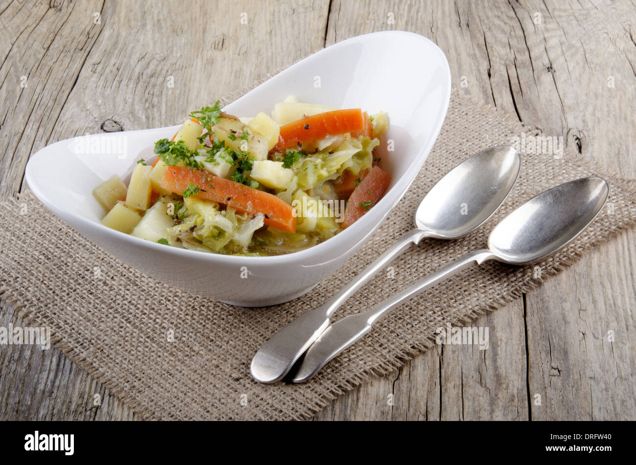 irish stew vegetarian style in a white bowl Stock Photo