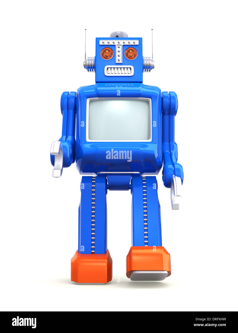 Blue vintage robot with CRT monitor on his body. clipping path included. Stock Photo
