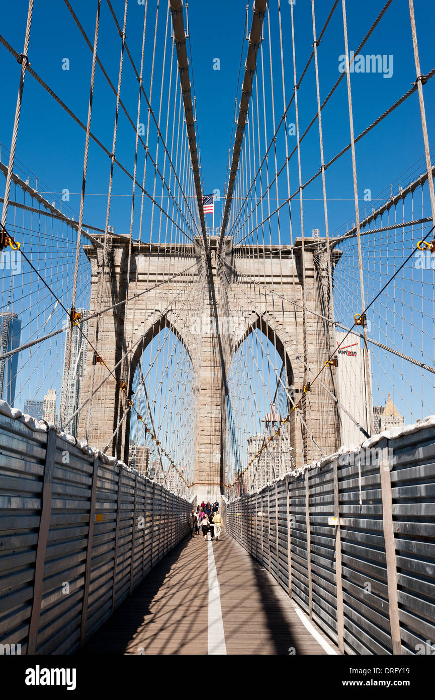 A view from the sidewalk of Brooklyn bridge New York under repair Stock Photo