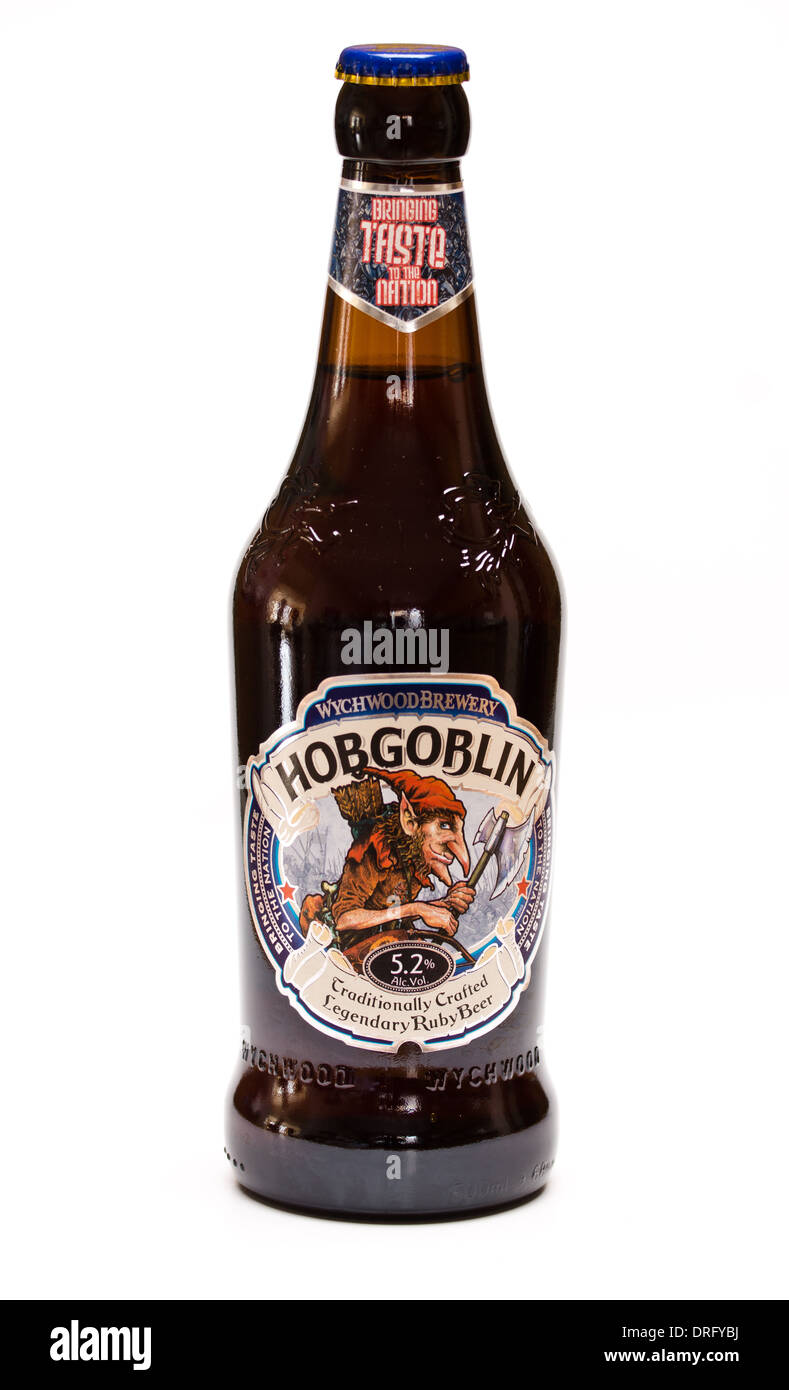a bottle of Hobgoblin beer from Wychwood brewery on a white background Stock Photo