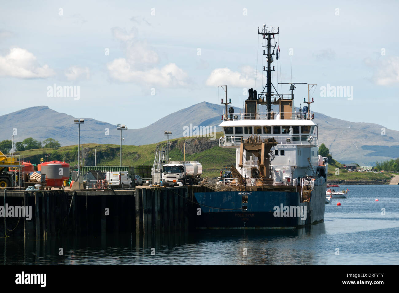 The hills of Mull from the harbour at Oban, Highland region, Scotland, UK Stock Photo