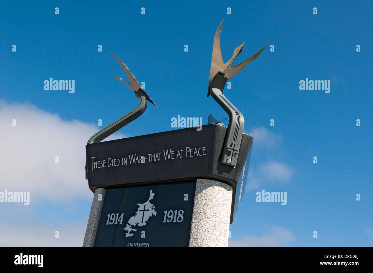 The top of the War Memorial, near Castlebay, Isle of Barra, Outer Hebrides, Scotland, UK Stock Photo