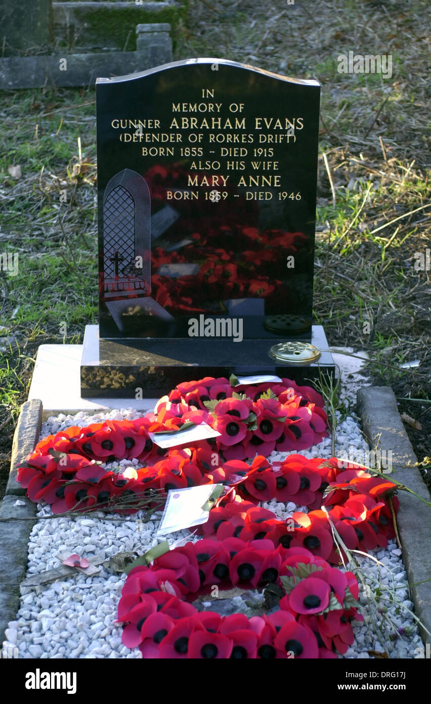 Grave at Varteg cemetery near Pontypool of Gunner Abraham Evans, Royal Artillery N Battery 5th Brigade, one of the defenders of Rorkes Drift in the Zulu War 1879 Stock Photo