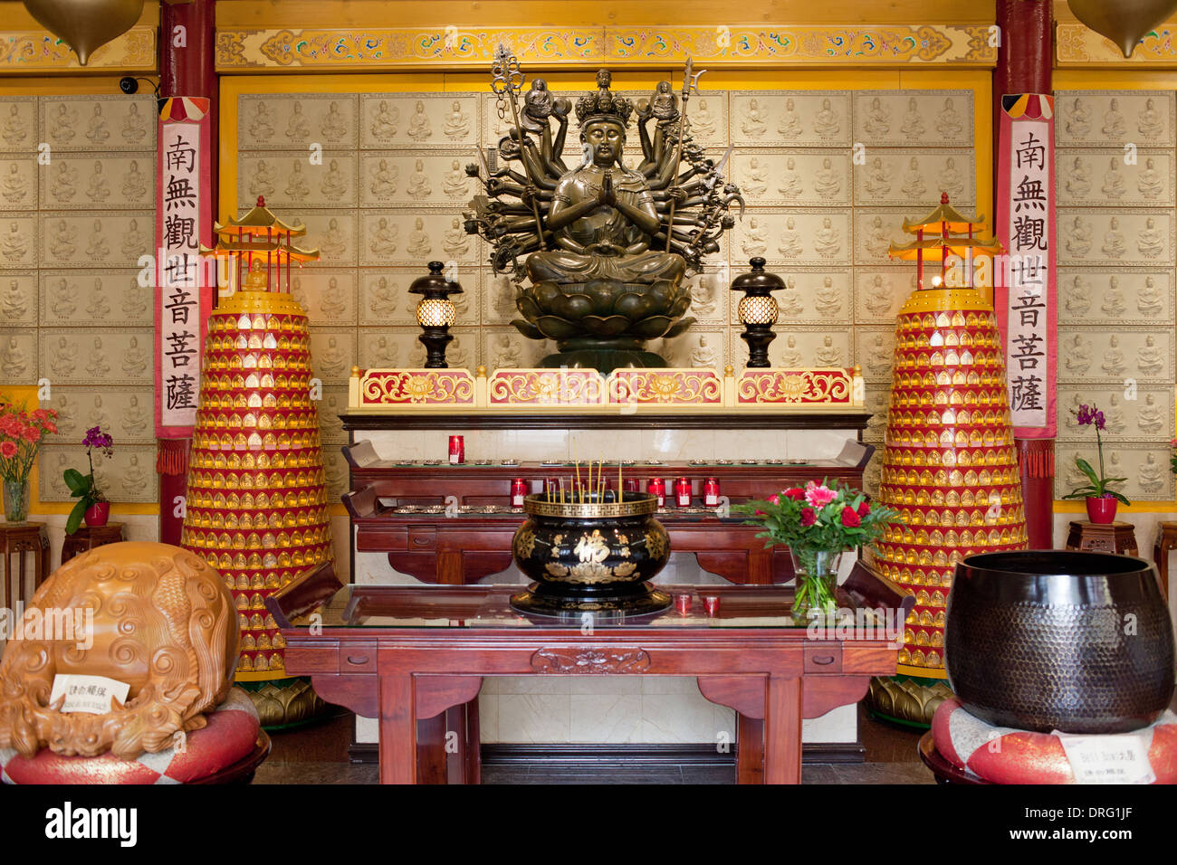 Chinese style Buddhist temple Fo Guang Shan with Avalokitesvara Bodhisattva (Chinese: Kuan Yin) statue in Amsterdam, Holland. Stock Photo