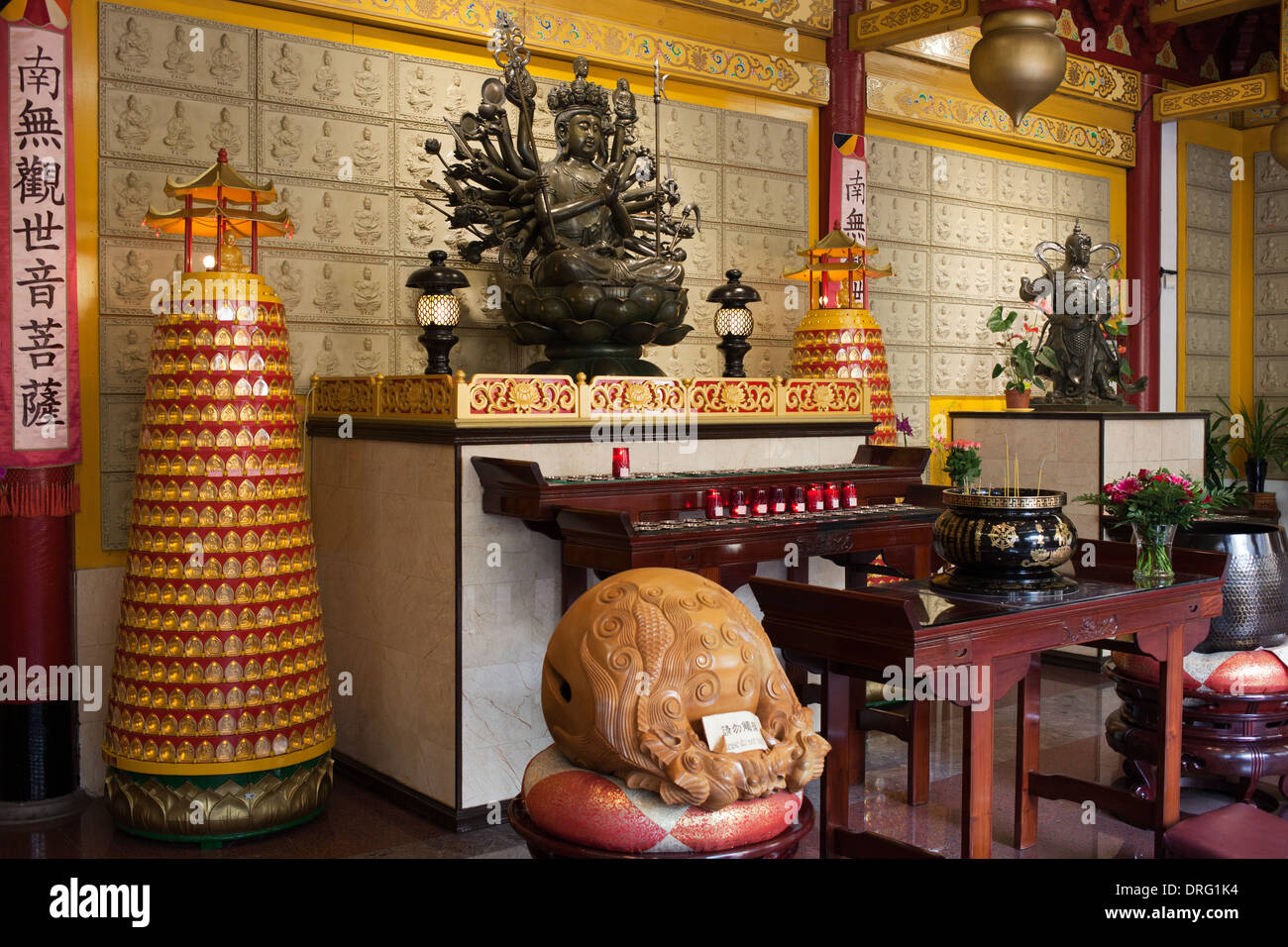 Chinese style Buddhist temple Fo Guang Shan with Avalokitesvara Bodhisattva (Chinese: Kuan Yin) statue in Amsterdam, Holland. Stock Photo