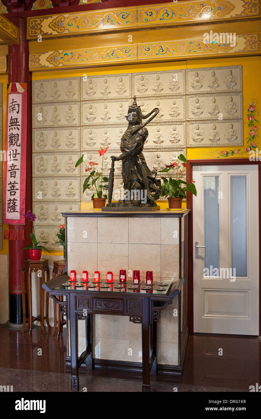 Chinese style Buddhist temple Fo Guang Shan with statue of Wei Tuo Dharma protector in Amsterdam, Netherlands. Stock Photo