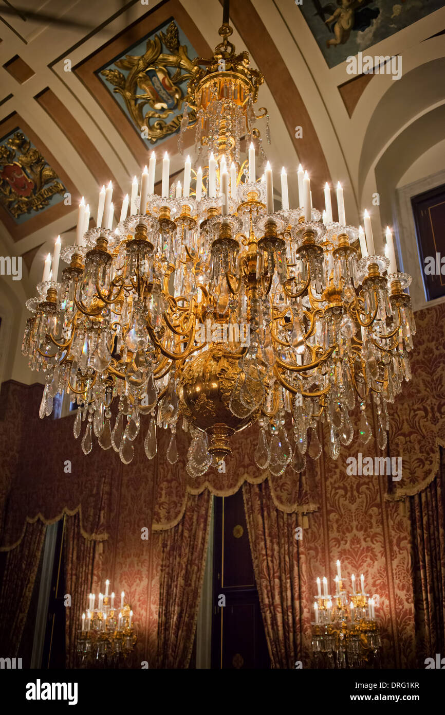 Chandelier in the Royal Palace (Dutch: Koninklijk Paleis) in Amsterdam, Holland, the Netherlands. Stock Photo
