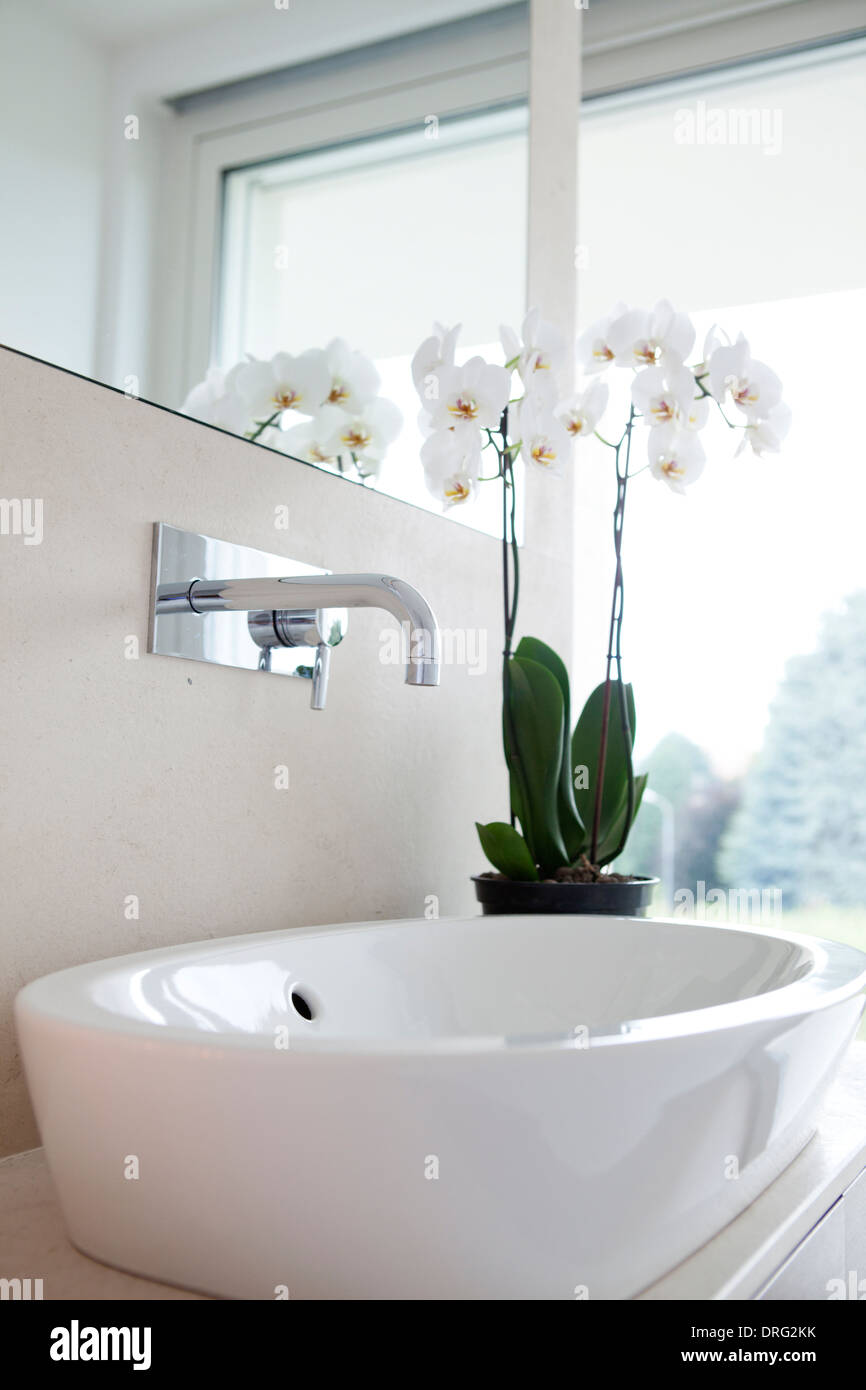 Hand washbasin with orchids in modern bathroom Stock Photo