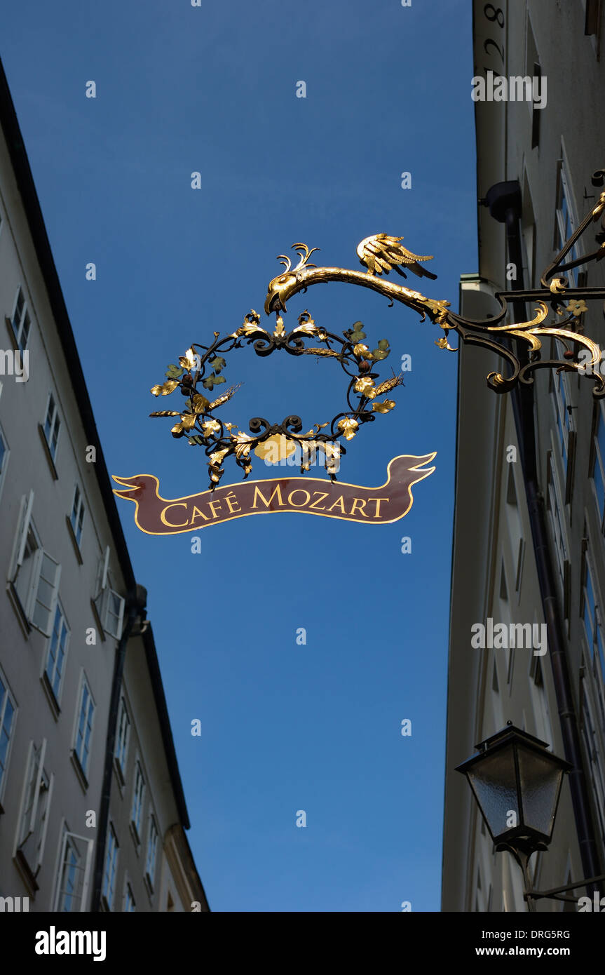 Cafe Mozart sign. Getreidegasse, Salzburg, Austria Stock Photo Alamy