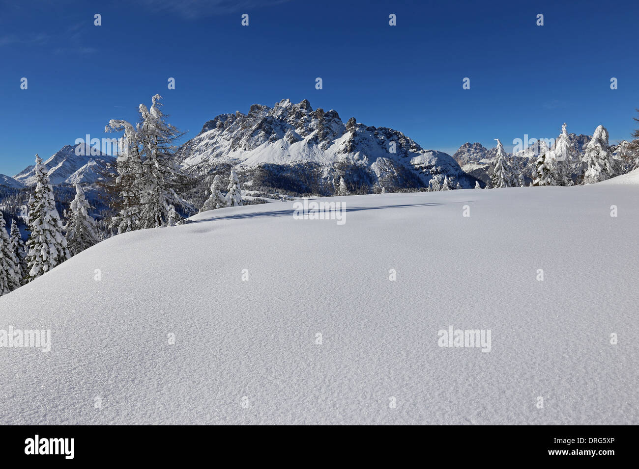 Snow cover in winter season in the Cadore Dolomites. Maramarole mountain group. Veneto. Italian Alps. Stock Photo