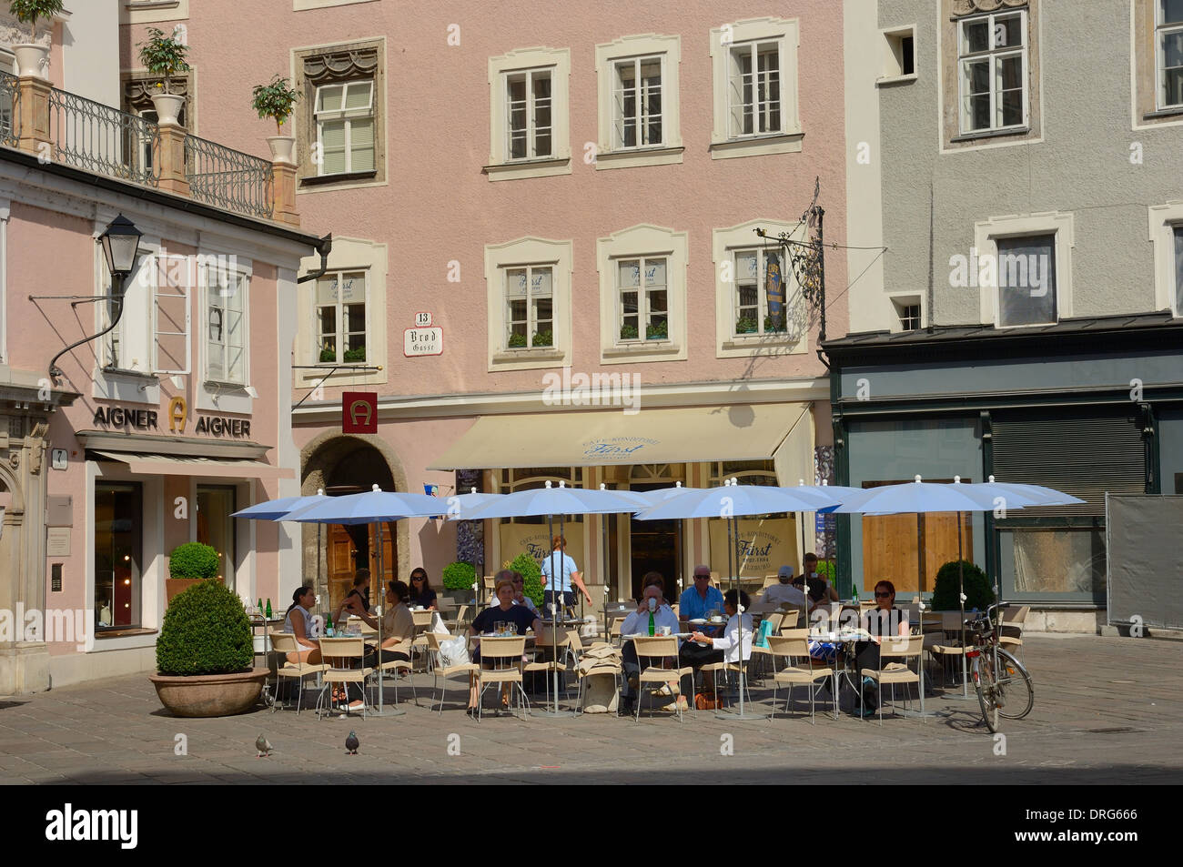 Pavement cafe Furst restaurant, Alter Markt Square, Salzburg Austria Stock Photo