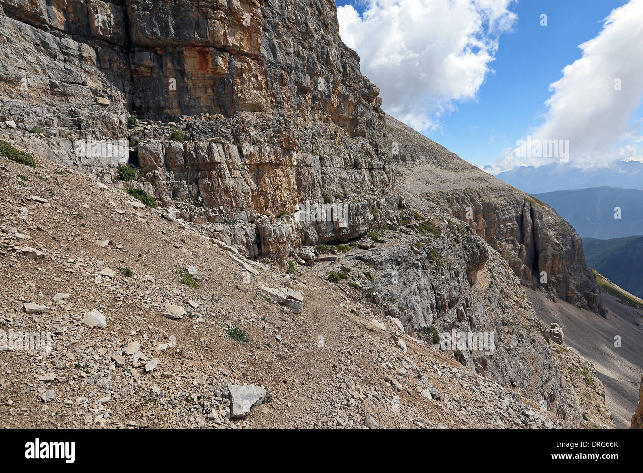 The Latemar mountian massif. Rock layers, geological aspects. The Dolomites of Trentino. Italian Alps. Stock Photo