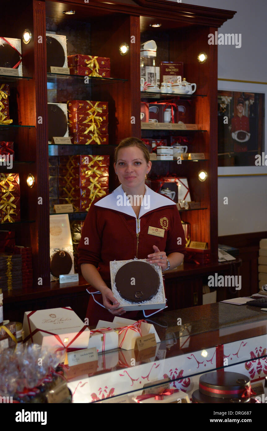 Hotel Sacher gift shop. Famous for its Sacher-Torte Chocolate cake. Salzburg. Austria Stock Photo