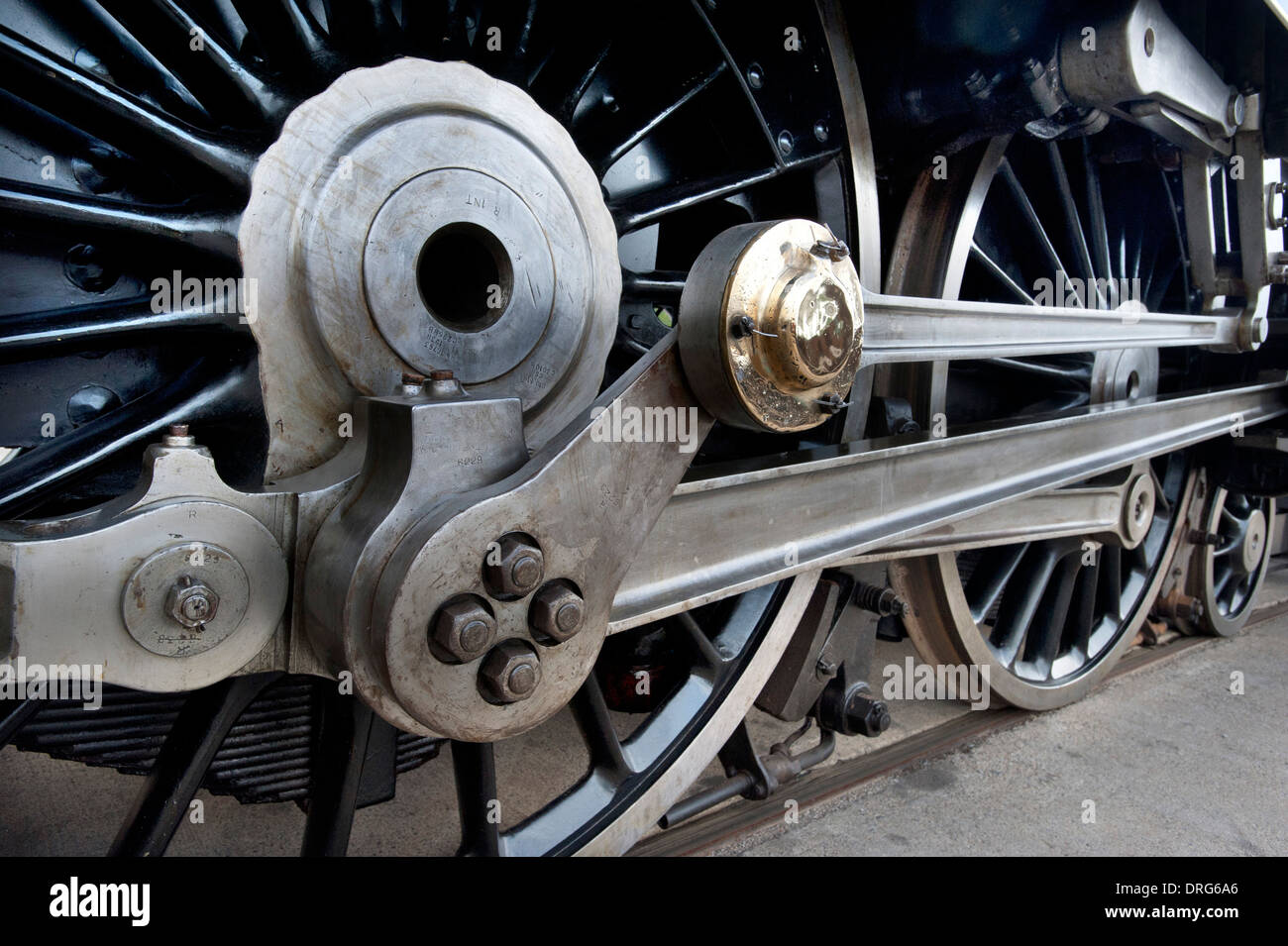 The Connecting Rods and the Driving Wheels ofSteam Locomotive Number 6229 'Duchess of Hamilton' outside the National Railway Museum, Shildon, County Durham. Stock Photo