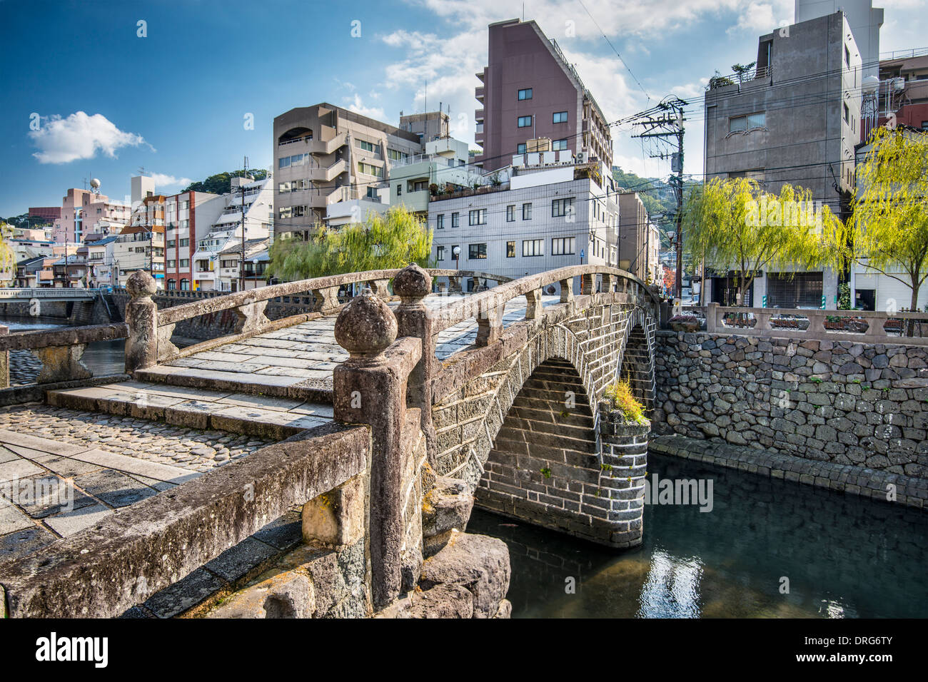 Nagasaki, Japan at historic Megane "Spectacles Bridge" over the Nakashima River. Stock Photo