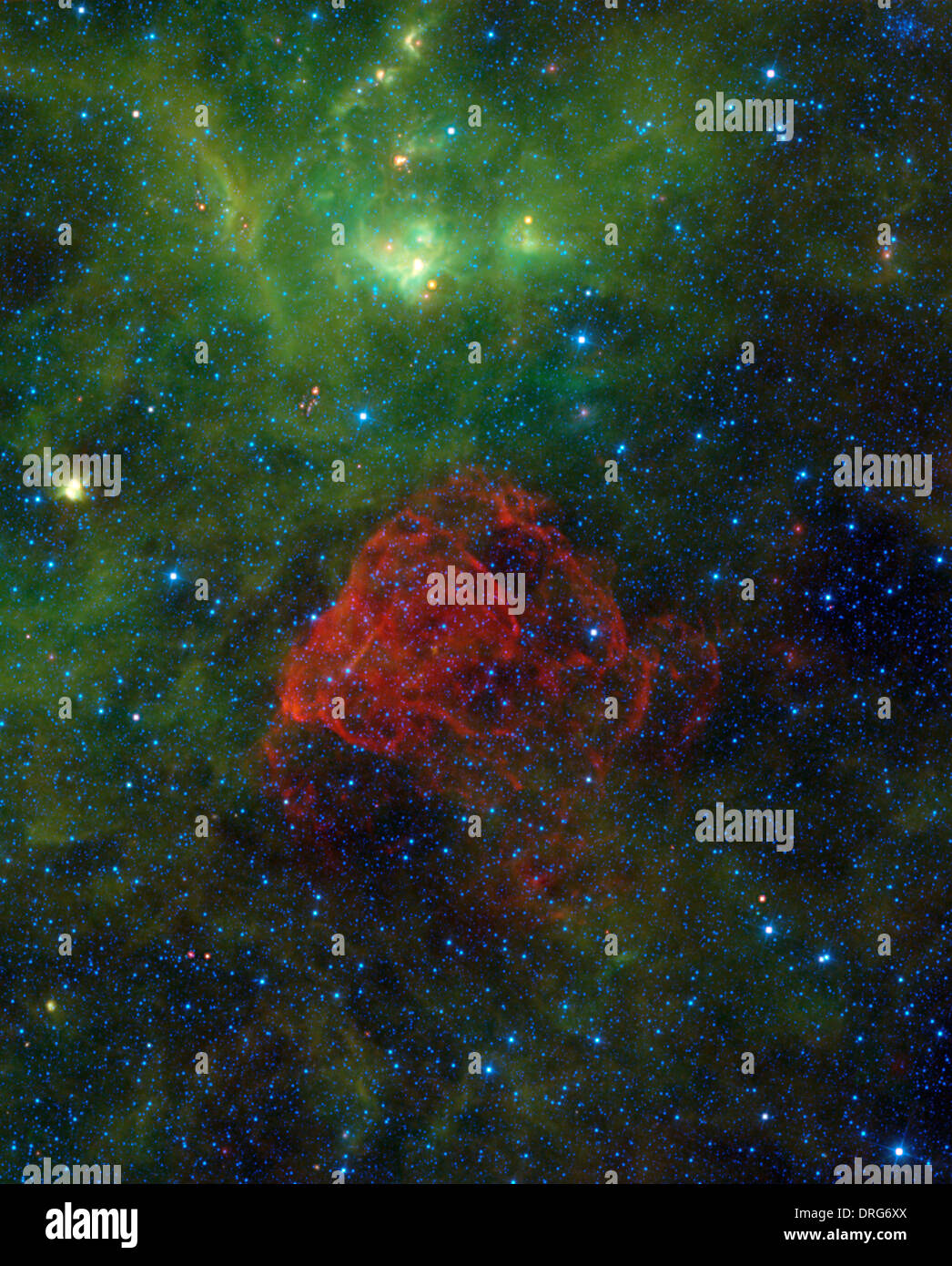 Seen as a red dusty cloud in this image, Puppis A is the remnant of a supernova explosion. Stock Photo