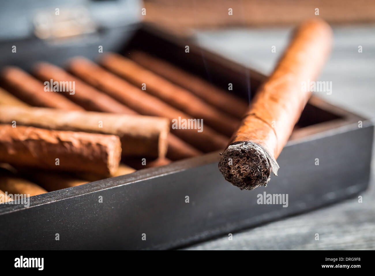 Closeup of burning cigar with smoke Stock Photo