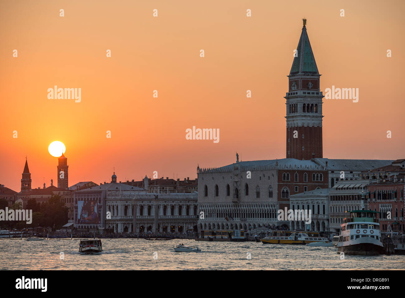 St Mark's Campanile and Grand Canal at Sunset, Venice, Italy Stock Photo