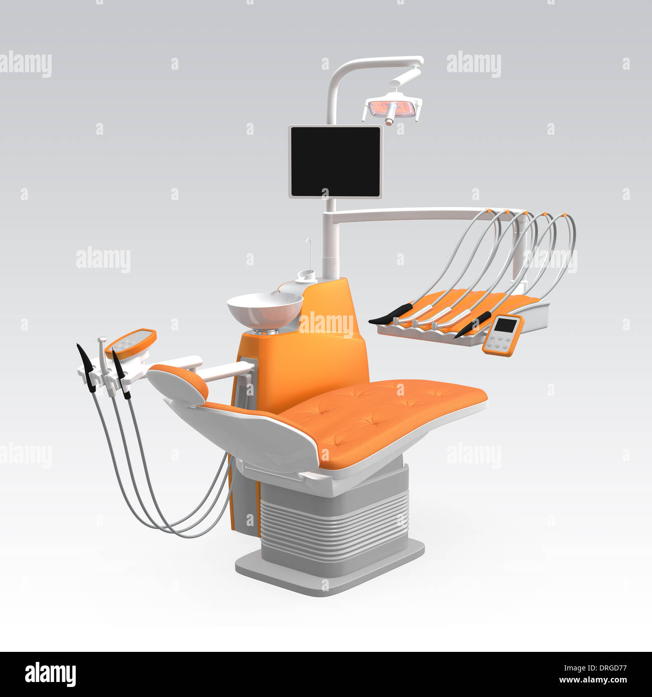 Orange stylish dental chair on gradient background, Clipping path
