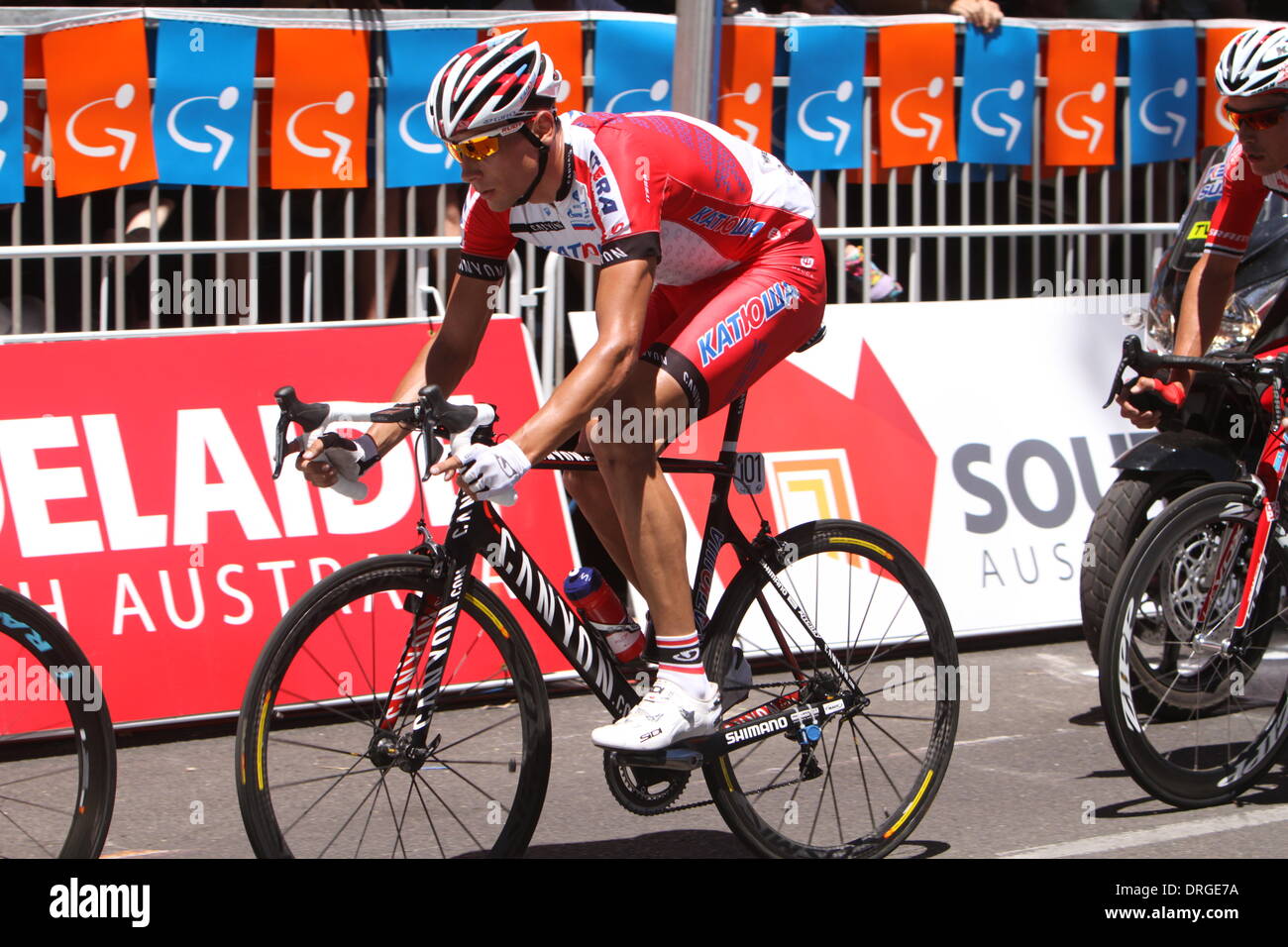 Adelaide, Australia. 26th Jan, 2014. Maxim Belkov (Katusha) was in the early breakaway group in Stage 6 of the Santos Tour Down Under 2014 Adelaide Street Circuit, South Australia on 26 January 2014 Credit:  Peter Mundy/Alamy Live News Stock Photo