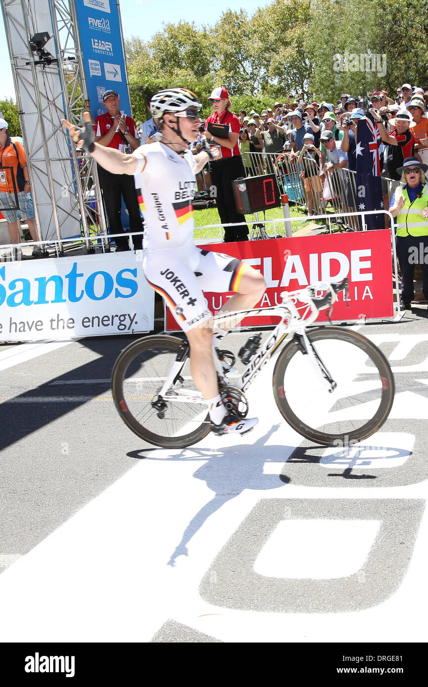 Adelaide, Australia. 26 January 2014. Andre Greipel (Ger) from the Lotto Belisol Team wins stage 6 of the Santos Tour Down Under in Adelaide. Simon Gerrans (Aus) fromthe Orica-Greenedge Team was the overall winner of the Tour. Stock Photo