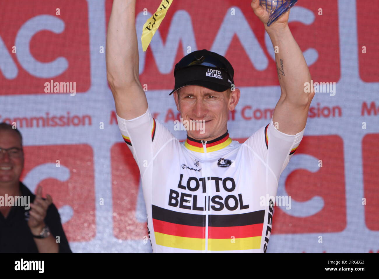 Adelaide, Australia. 26th Jan, 2014. Andre Greipel (Lotto Belisol) won Stage 6 of the Santos Tour Down Under 2014 Adelaide Street Circuit, South Australia on 26 January 2014 Credit:  Peter Mundy/Alamy Live News Stock Photo