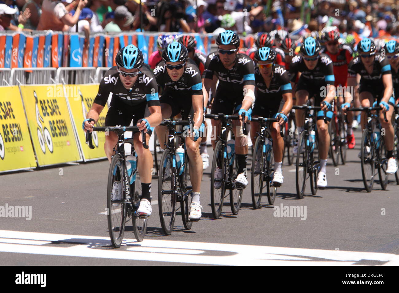Adelaide, Australia. 26th Jan, 2014. Team Sky controlling the front of the peleton in Stage 6 of the Santos Tour Down Under 2014 Adelaide Street Circuit, South Australia on 26 January 2014 Credit:  Action Plus Sports/Alamy Live News Stock Photo