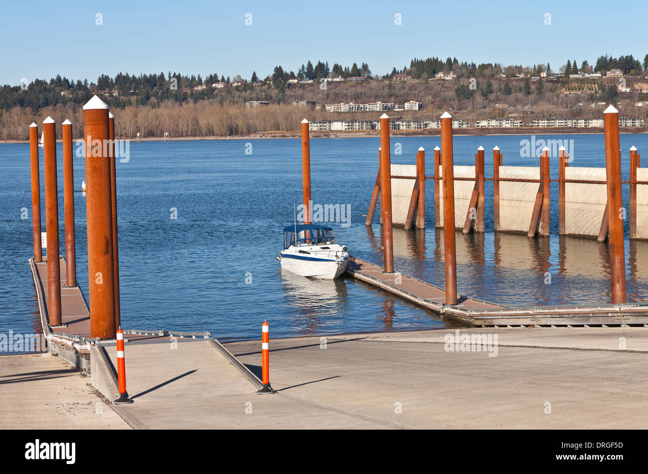 Boat launch wooden platforms and steel beams Oregon state parks. Stock Photo