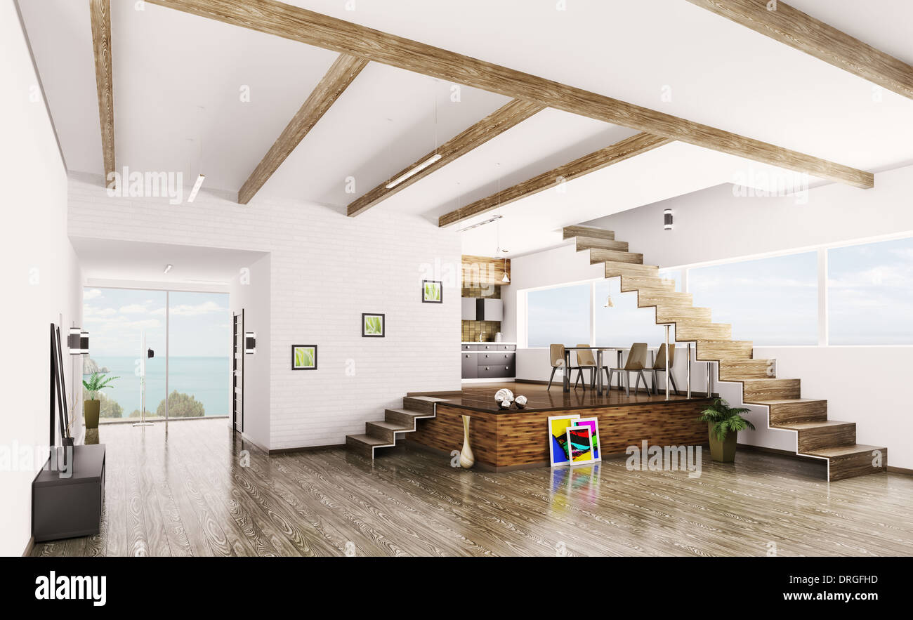 Interior of modern apartment hall kitchen 3d render Stock Photo - Alamy