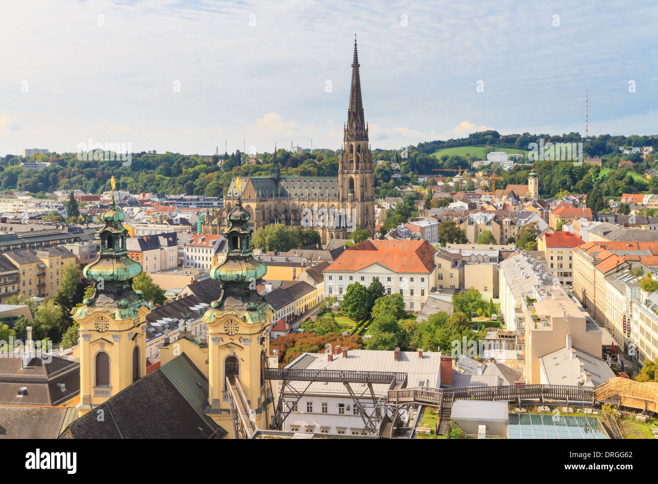Linz Cityscape with New Cathedral and Church of the Ursulines, Austria Stock Photo